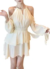 ISLAYCAOLILA キャバドレス ミニワンピース クラブドレス フレア フリル ホルターネック オフショルダー 長袖 ウエストマーク レディース E92( ホワイト,  S)