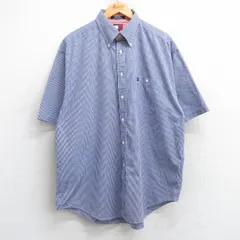 XL/古着 トミーヒルフィガー 半袖 ブランド シャツ メンズ 90s ワンポイントロゴ 大きいサイズ ロング丈 コットン ボタンダウン 紫 パープ