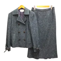 ハナエモリ HANAE MORI スカートスーツ ツイード ジャケット ダブル ウール混 ロング丈 40 紺 ネイビー 青 ブルーのサムネイル