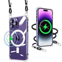 iPhone 14 Pro 用 ケース クリア Magsafe対応 マグネット搭載 ショルダー ストラップ付 携帯カバー 耐衝撃 全面保護 アイフォン14 Pro 用 スマホケース 紐付き 肩がけ 首掛け 縄掛けケース TPU 薄型 軽量 き調節可能 取り