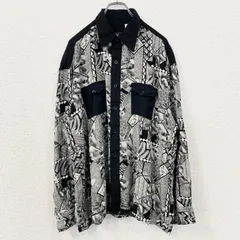 古着 used　長袖総柄シャツ　黒　ブラック　モノトーン　幾何学模様　レトロデザイン　個性的アート　切り替え柄　