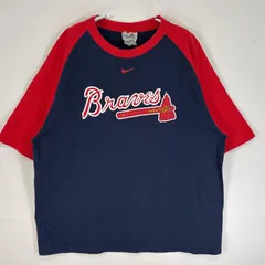 古着 ナイキ NIKE 半袖Tシャツ ロゴ センタースウッシュ ラバープリント MLB アトランタ・ブレーブス ラグラン M  ネイビー系 ツートン メンズ