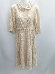 ◇ ⊂ OLIVE des OLIVE レース 花柄 ウエストゴム 七分袖 ロング ワンピース サイズF ベージュ レディース E  【1501160044051】