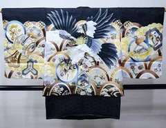 七五三 五歳 男児 羽織・着物・襦袢3点セット M寸 豪華絢爛 金刺繍 綸子地 黒地 鷹 お仕立て無料 祝着 NO37819-2