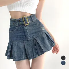 ミニデニム プリーツスカート ベルト付き ハイウエスト フレアスカート 韓国 Aラインスカート レディース 細見え ショートスカート おしゃれ ミニ ボックススカート アメカジデニム 脚長 着やせ 台形スカート 無地 美脚 美尻 レトロ 84GAY-001