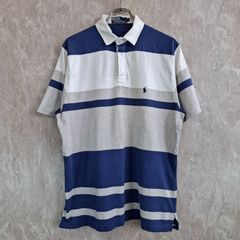 Polo Ralph Lauren ポロラルフローレン ボーダー ブランドロゴ刺繍 スリット グレー　灰色 ブルー 青 ホワイト 白 L ポロシャツ