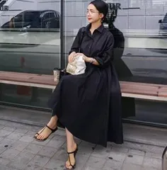 フレアワンピース シャツワンピース ワンピドレス ロング ロング丈 袖あり 長袖 襟付き フレア Aライン ブラウス 体型カバー 前開き かわいい 大人可愛い シンプル カジュアル 大人 おしゃれ レトロ アジアン エスニック エキゾチック ラフ 無地 春 秋