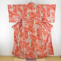 小紋 正絹 縮緬 ちりめん オレンジ色ｘ多色 えり華製 色紙に風景模様 カジュアル カラフル 仕立て上がり 身丈154cm