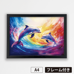 『虹イルカ　<NO.002>（Rainbow dolphin）』　《ショップオリジナル》《レインボーシリーズ》　A4 光沢 アートポスター【フレーム付】《OR》