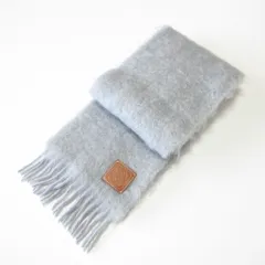 美品 LOEWE ロエベ アナグラムレザーパッチ モヘヤウール シャギーマフラー グレー レディース 古着 中古 USED