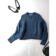 BEAUTY&YOUTH ビューティアンドユース ユナイテッドアローズ ケーブル編み ニット Vネック プルオーバー ウール混 長袖 ブルー系 (83Y＋1321)25F