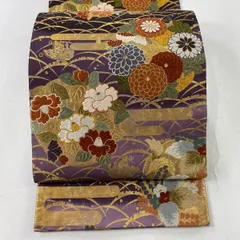 袋帯 美品 秀品 三彩錦 花の丸 唐織 箔 紫 六通 正絹 【中古】