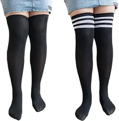 GIVEK ニーハイ ソックス ２足 セット レディース 通気性 伸縮性 ストレッチ 大きい サイズ 弾力 履き心地 抜群 ブラック x ボーダー( ブラック x ボーダー セット,  Free Size)