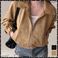  スエード調ジャケット韓国風ライトアウター 襟付きジップジャケットレディース 秋冬 レトロ ショート丈ブルゾンジャケット カジュアル おしゃれジャンパーゆったり秋服 体型カバー 着やせ ジッパージャケット スエードアウター春