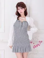 ホワイトxブラック  [AOC3930-WxB-2506]XSサイズあり【an /アン】長袖/ 2way/ ボレロ/ ロングスリーブ/ フロントジップ/ ギンガムチェック/ リボン/ フリル/ ストレッチ/  キャバドレス/ ローブドフルールグロッシー