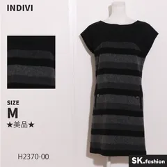 ★美品★ INDIVI インディヴィ ワンピース 膝丈　フレンチスリーブ　ボーダー柄　後ろジップ　裏地付き　ポケット付き　日本製 　ブラック　グレー　 【H2370-00】 送料無料　古着　レディース
