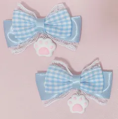 リボンヘアクリップ 水色 ギンガムチェック 肉球チャーム ♡量産型地雷系ハンドメイドロリィタ