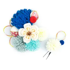 髪飾り 成人式 水引 つまみ細工 赤 振袖 前撮り 袴 2点セット 花 菊 ちりめん 青 水色 白 玉飾り 和柄 コーム Ｕピン かわいい No.12-0653