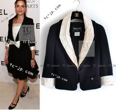 100万 シャネル ジャケット CHANEL 女優 ブラック 黒 アイボリー 襟 取外可 2 Way ウール やわらか ストレッチ  超美品 34 36 カールラガーフェルド