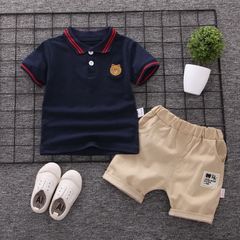 送料無料　可愛いクマのワンポイントポロシャツ＋ショートパンツ2点セット 紺　白　お出かけに子供服 上下セット ツーピース カジュアル キッズ セットアップ 男の子 半袖 夏 Tシャツ 半ズボン 2点セット 普段