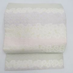 名古屋帯 夏用 絽 桜に七宝模様 白色ｘ薄ピンク色 パステル系 金糸銀糸 六通柄 正絹 仕立て上がり 夏物 長さ370cm