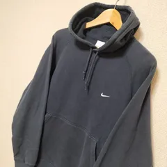 希少☆00s OLD NIKE スウェット パーカー フーディー フード プルオーバー トレーナー 刺繍ロゴ スウォッシュ ワンポイント ネイビー 裏パイル メンズ サイズM〜L ナイキ 古着 USED