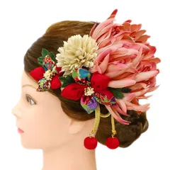 髪飾り 成人式 つまみ細工 赤 振袖 前撮り 袴 花 2点セット ピンク ブラウン 白 紫 黒 青 ゴールド ちりめん 剣つまみ 玉飾り No.9-4946