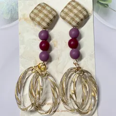 パープル系 チェック柄スクエア カボション ツイストオーバル ピアス イヤリング