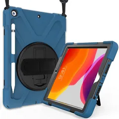 新品 ProCase iPad 9/8/7 ショルダーケース 10.2”肩掛け式 耐衝撃カバー（2021 2020 2019) ペン収納 360°回転スタンド 手首付き 3層保護デザイン 現場作業 子供用 -モロッコブルー