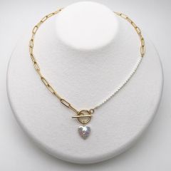 バロックパールのデザインネックレス ハート 極小 淡水真珠 ゴールド系 ステンレスチェーン 18金メッキ 金属アレルギー