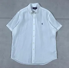 美品 定番 ポロラルフローレン リネンボタンダウンシャツ 半袖 ホワイト