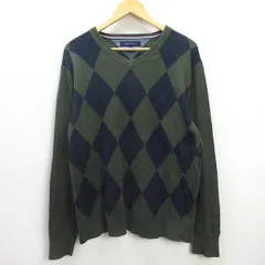 G■トミーヒルフィガー/TOMMYHILFIGER Vネックニットセーター/アーガイル柄【XXL】緑/men's/19【中古】■