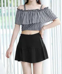 水着 オフショルダーチェック柄水着韓国風