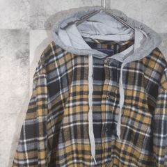ビンテージネルシャツ☆　長袖　USA古着　イエロー　チェック　フード　M　C20
