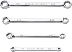 LEONTOOL トルクス メガネ E型 レンチ 4本組 E型トルクス メガネレンチ ストレート 花形レンチ 工具セット 薄口スパナ ハンドツール ミラー仕上げ クロムバナジウム鋼(シルバー,  350mm)のサムネイル