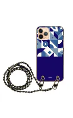 iPhone14ProMax ケース アイフォン14 プロマックス スマホケース スマホショルダー 肩掛け ハード チェーン付き 幾何学模様 北欧 大人女子 シームレス ネイビー パープル ストラップ くすみカラー 100cm  カラー08