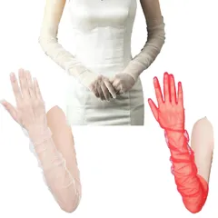 [FARFADET] ロング グローブ オーガンジー シースルー ドレス 手袋 コスチューム セクシー アーム カバー パーティー メッシュ 網 女性 ゴス ファッション 結婚式 レディース レース 長い 肘 レースアップ シアー 透け感  [白赤シャンパン]