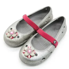 クロックス サンダル 花 ラメ スニーカー シューズ 靴 キッズ 女の子用 C11サイズ シルバー Crocs 【中古】