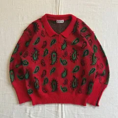 ～90s　vintage　大判ペイズリー柄　短丈　前面ジャガード織り　ポロニット　襟付きシャギーニット　モヘアライク　袖ジップ　レッド×グリーン×ブラック　レトロ古着　C-GIRL　Y2K