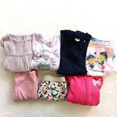 【キッズ春夏コーデ】プティマイン　ユニクロ　アプレレクール　ディズニー　タイニーツインベアーズ　ギャップ　キッズ　チュニック　ワンピース　パーカー　長袖シャツ　半ズボン　トランクス　ピンク　水色　紫　紺　ライトブルー　パープル　蝶柄　通園着　お出かけ着
