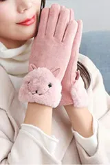 MORY TRADE morytrade 手袋 レディース 猫 動物 てぶくろ スマホ 対応 グローブ 裏起毛 女性 秋 冬 用 防寒 防風 温かい ファッション手袋(ピンク,  Free Size)