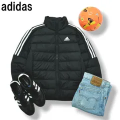 【美品】 アディダス adidas エッセンシャルズ ダウン ジャケット キルティング ウェア ジャンパー ウィンドブレーカー パフォーマンス ロゴ スリーストライプス M ブラック メンズ
