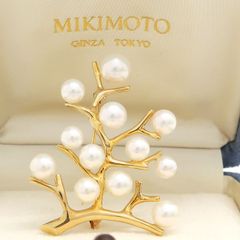 MIKIMOTO 幸福の木 パール ブローチ Kofuku no ki イエローゴールド K18 真珠 4.8～6.8mm 箱付 ミキモト ◆送料込◆質屋-10752