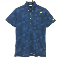 ルコックゴルフ 半袖ポロシャツ ネイビー 総柄 ロゴイエロー ボタンダウン メンズ M ゴルフウェア le coq sportif