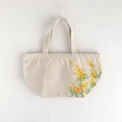 手描きミモザ柄　キャンバスランチバッグ　トートバッグ　ハンドメイド