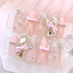 No.62オーダー♡量産型ワンホン韓国フレンチガーリースナ系バレエコアリボンハートジェルネイルチップ