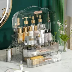 メイクアップボックス 引き出し付き 3段収納 コンパクト プラスチック製  化粧品 デスク ドレッサー カウンター クリア カーキ グリーン