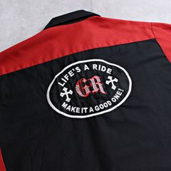 【RED KAP】レッドキャップ ワークシャツ GOOD RIDEワッペン ブラックｘレッド Ｌサイズ ツートン ロカビリーロック