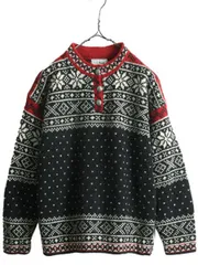 【お得なクーポン配布中!】 90s USA製 エルエルビーン ノルディック ヘンリーネック ウール ニット セーター レディース M 古着 90年代 オールド LLBean バーズアイ 黒