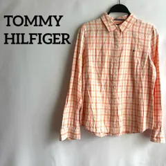 tommy hilfigerオレンジチェックシャツ長袖襟付きMトップス刺繍